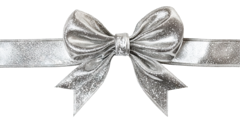 Elegant silver ribbon with a neatly tied bow, isolated on a transparent cutout background