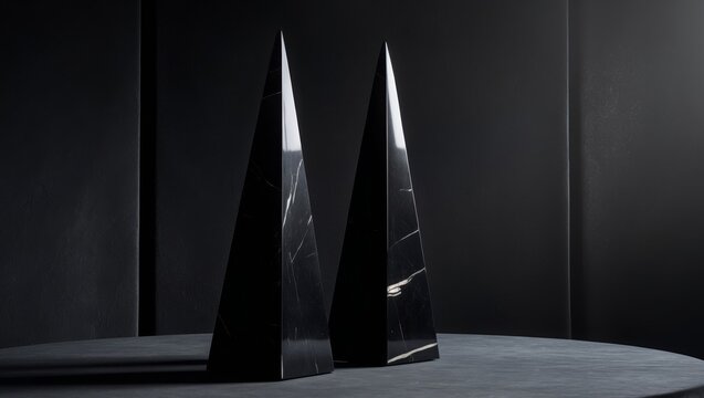 Mysterious black marble obelisks on dark background. - Powered by Adobe