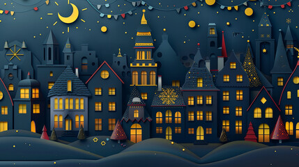Paper Cut Illustration of Absrtact Festive Decorated Medieval German European City Street during Cristmas in Blue and Yellow Colors