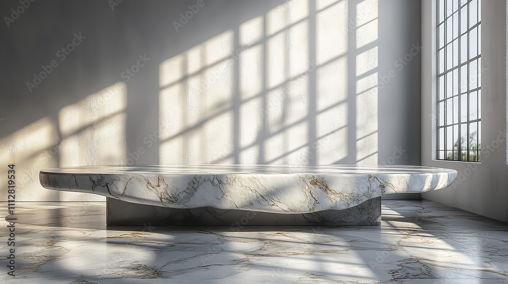 Poster mockup product display a marble table with a window shadow drop on a white wall backgroun