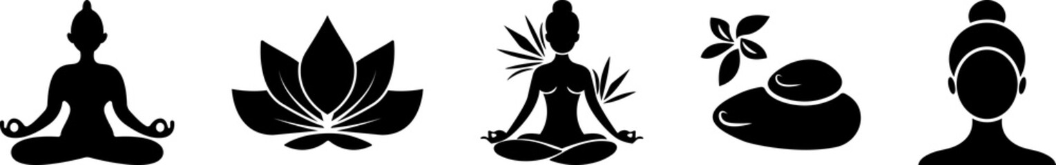 Set of black icons for spa and yoga. Can use for cosmetics, beauty, tattoo, Spa, feminine, jewelry store