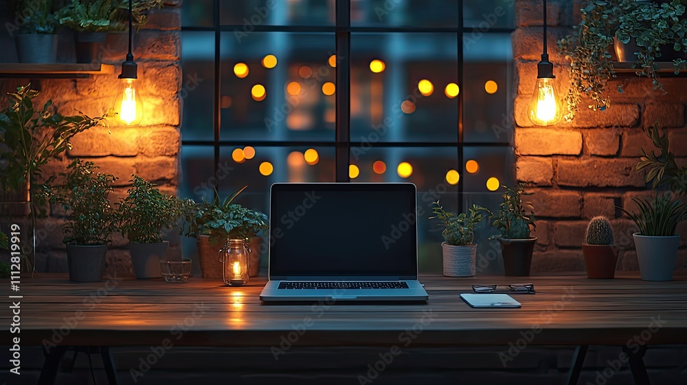 Aufkleber modern dark wooden office desk at night under the warm light from table lamp with laptop computer ac