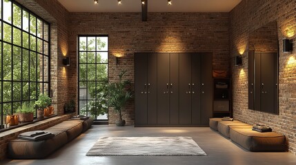 Fototapeta premium modern loft interior featuring a locker room with black cabinets 3d illustratio
