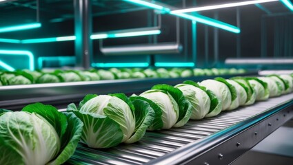 Fresh Cabbages on Conveyor Belt in Modern Agricultural Facility with Neon Lighting Creating a Unique and Vibrant Atmosphere for Food Production.
