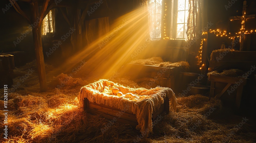 Poster nativity empty wooden cradle with cross and light rays coming through the window