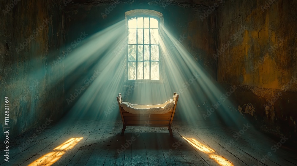 Aufkleber nativity empty wooden cradle with light rays coming through the window