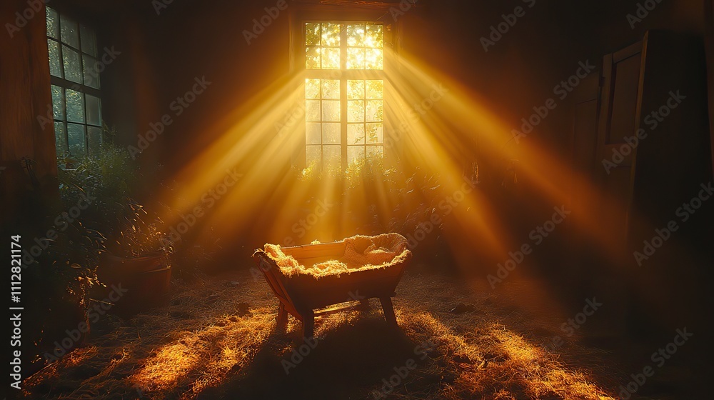 Poster nativity empty wooden cradle with cross and light rays coming through the window
