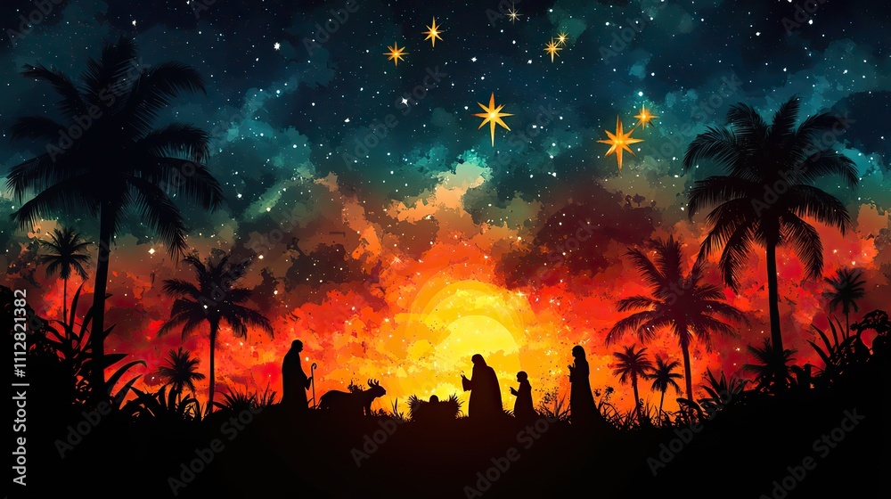 Poster nativity scene on abstract geometric background