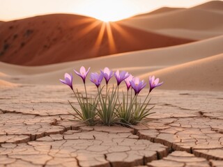 Vibrant purple crocus flowers blooming in the desert at sunset.