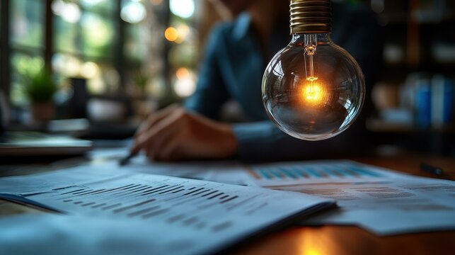 Creative Business Ideas. Intelligent document processing IIoT Machine learning engineer Energy materials Esg fintech transition Gridbeyond Glean ai Defiance etfs upstart Light bulb glowing over docum