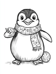 A Charming Winter Penguin Wearing a Festive Scarf and Holding a Ball o