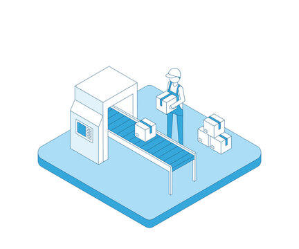 recommend clip art: Factory workers on packaging line. Manufacture conveyor operator outline isometry.