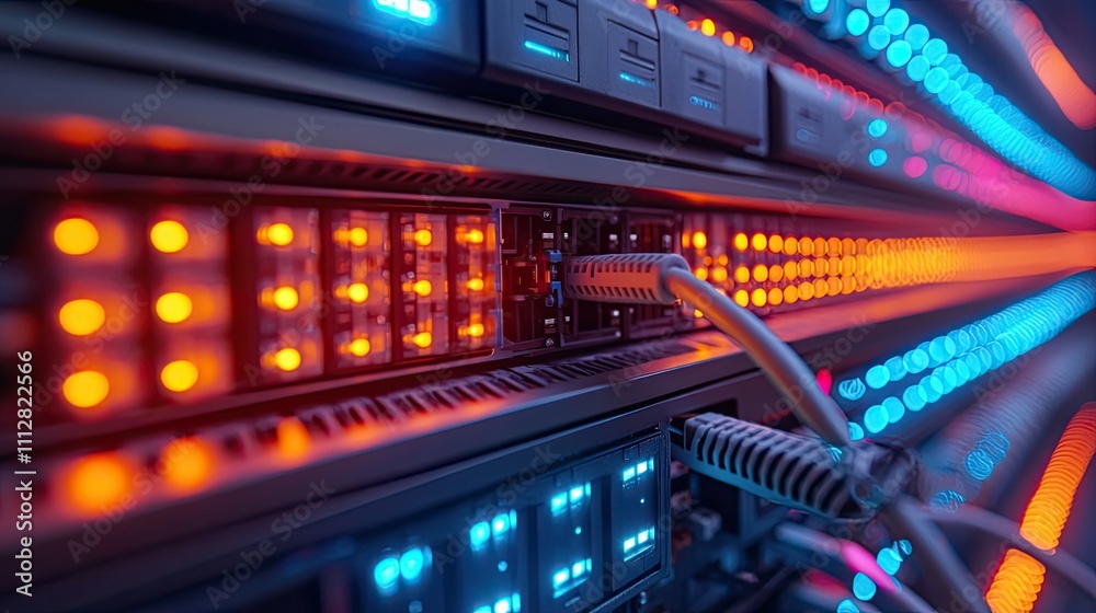 Poster network server panel switch and patch cord cable in data center glowing in the dark blue le