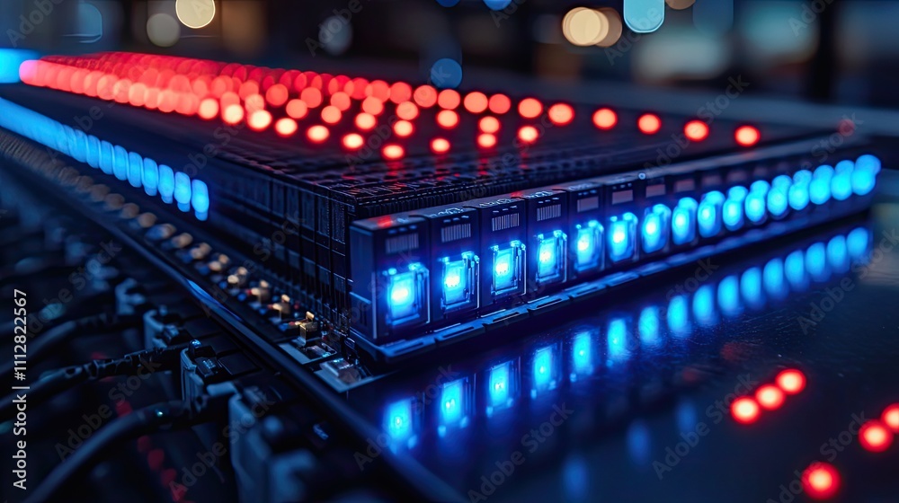 Poster network server panel switch and patch cord cable in data center glowing in the dark blue le