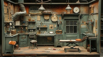 Detailed miniature diorama of a vintage doctor's office with medical tools, furniture, and antique clock.