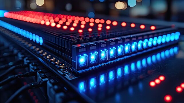 network server panel switch and patch cord cable in data center glowing in the dark blue le