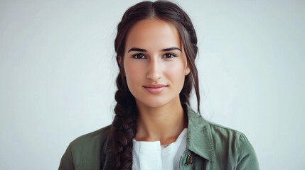 Mujer joven con trenza y chaqueta verde en fondo blanco