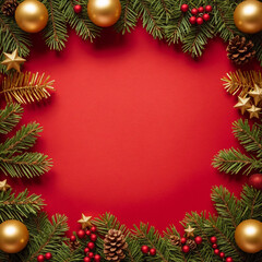 Christmas tree branches, cones and gold christmas decorations on a flat red background. Merry Christmas, New Year or winter flatlay background for banner or postcard with copy space. Top view.