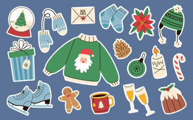 Collection of Christmas and winter stickers. Merry Christmas! Perfect for scrapbooking, diary, planner, greeting cards and party invitations.