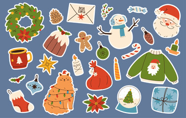 Traditional symbols of Christmas sticker set. Colorful sticker pack for planner with Christmas illustrations.