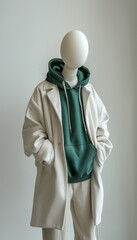 Stylish Autumn Outfit Featuring Oversized Cream Coat and Teal Hoodie