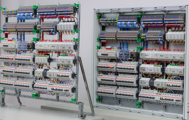 An electric switchboard for the organization of electricity supply to the apartment. Close-up. Soft focus.