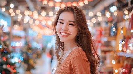 Obraz premium Young woman with long hair smiling in a festive indoor market setting. Concept of joyful holidays, vibrant lighting, cheerful atmosphere, and seasonal celebration