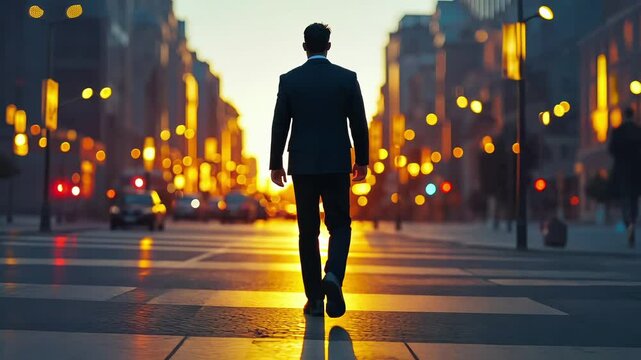 Businessman walking in city sunset. Silhouette man in suit. Modern urban cityscape background. Concept professional success, confidence, and motivation. Futuristic technology and business.