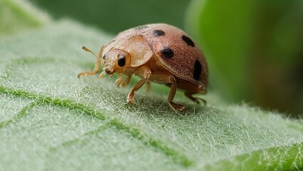 Ladybug on a Green Leaf with Fuzzy Texture