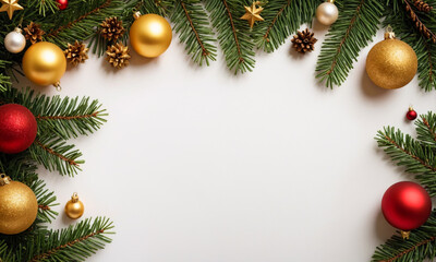 Christmas tree branches, cones and gold christmas decorations on a flat white background. Merry Christmas, New Year or winter flatlay background for banner or postcard with copy space. Top view.