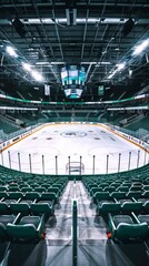 Obraz premium Empty Hockey Arena with Freshly Resurfaced Ice Capturing the Essence of Sports Venues, Anticipation, Calmness Before the Game, and Athletic Spirit. Vertical