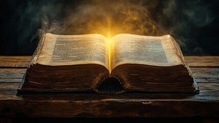 old magic book on wooden table with light rays coming out form the insid