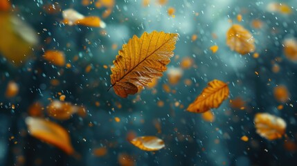 Falling autumn leaves in rain, nature background.