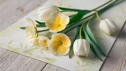 Spring primroses and white tulips arranged beautifully on a wooden surface creating an elegant floral backdrop for a postcard design.