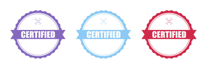 The visual features three distinct certified badges in purple, blue, and red. Each badge prominently displays the word certified, ideal for marking official designations or achievements