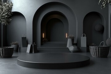 Modern Event Lighting. Minimalist black stage setup with archways and modern planters, ideal for product presentations, fashion shoots, or events, featuring moody lighting and elegant contemporary de