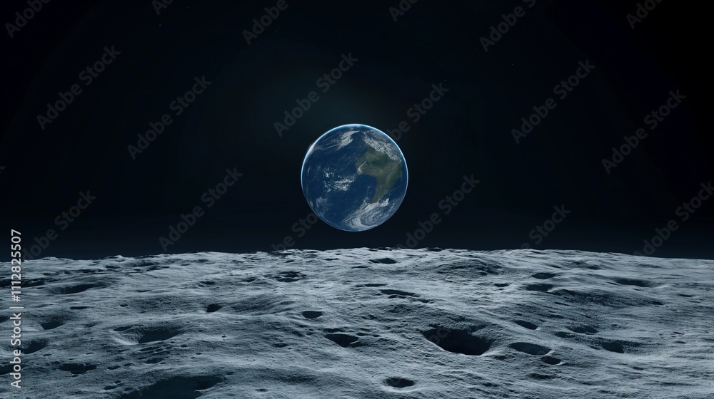 Canvas Prints lifeless moon surface against distant earth globe image. planet with atmosphere in dark void view fr