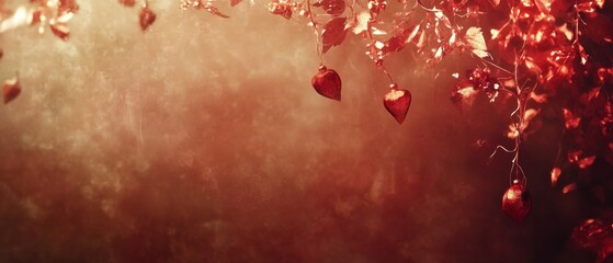 Obraz premium Chinese New Year A red background with a tree branch with red leaves and hearts