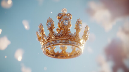 Fototapeta premium A regal and elegant golden crown hangs in mid-air against a pure and crystal-clear background, exuding a sense of supremacy and majesty. Generative AI