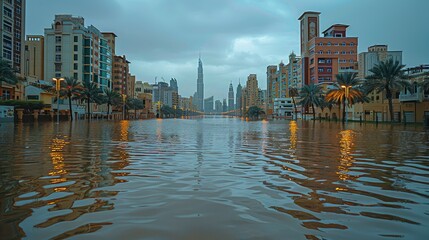 Fototapeta premium Flooded city street with buildings and palm trees reflecting in the water under a cloudy sky.