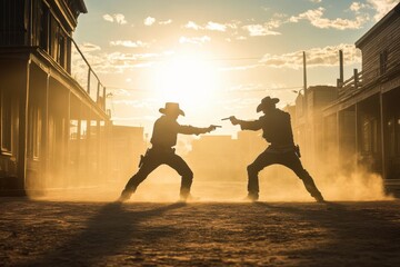 Dramatic cowboy duel in a dusty Wild West town, silhouetted against a vibrant sunset