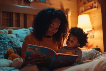 Heartwarming moment of a mother reading a bedtime story to her young child in a cozy, warmly lit bedroom, ideal for family and parenting themes