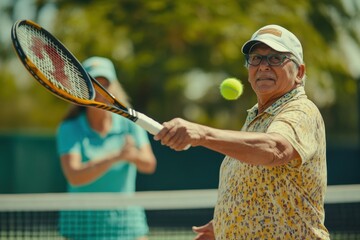 Two senior people enjoying a tennis match outdoors on a sunny day, showcasing active lifestyles and healthy aging, ideal for wellness and fitness themes