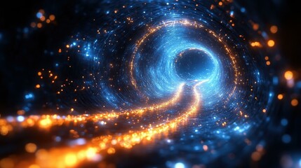 Cosmic Light Show. Futuristic glowing tunnel with swirling blue lights and sparkling orange particles, digital abstract background for technology, sci-fi presentations, space themes, innovation conce