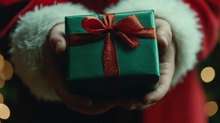 Santa Claus Offering a Beautifully Wrapped Christmas Gift Present Green Box Red Ribbon Festive Season Holiday Cheer