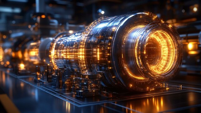 Energy Efficiency Technology. High-tech futuristic engine turbine close-up, industrial innovation and mechanical engineering concept, suitable for technology blogs, engineering websites, machinery ca