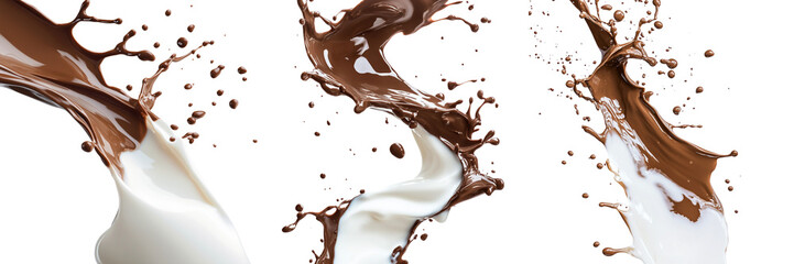 Set of milk and chocolate splashing together isolated on a transparent background