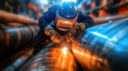 Skilled welder working with sparks on large metal pipes in a workshop