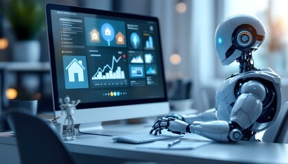 A robot uses a computer and law icons are floating on the dashboard screen to study law home, building and real estate. Significantly, law and AI robotic concept