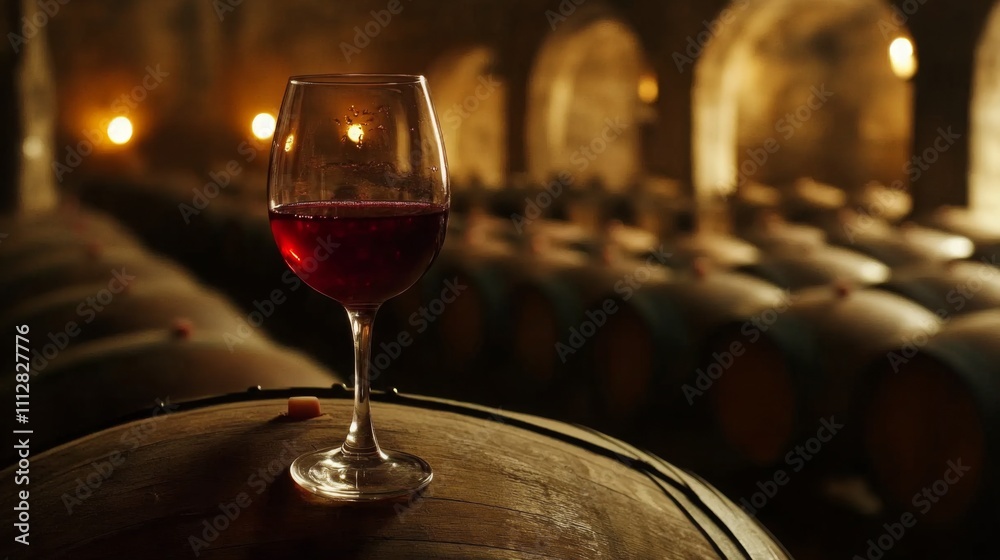 Aufkleber A glass filled with rich red wine rests on a wooden barrel in a cozy cellar. Dim lighting and rows of oak barrels create a warm atmosphere ideal for wine tasting and exploration.